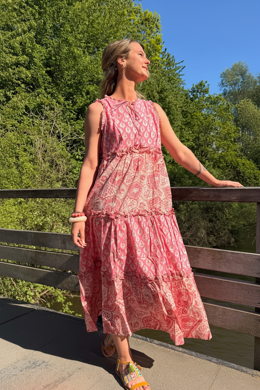 Rose Garden Handblock Printed Long Dress