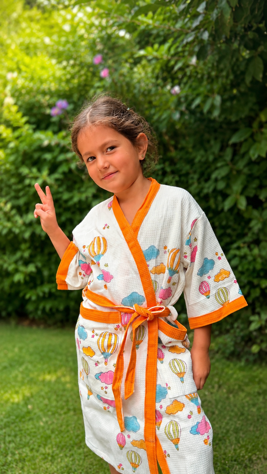 Cloudy Cuddles - Cotton Block Printed Kids Bathrobe