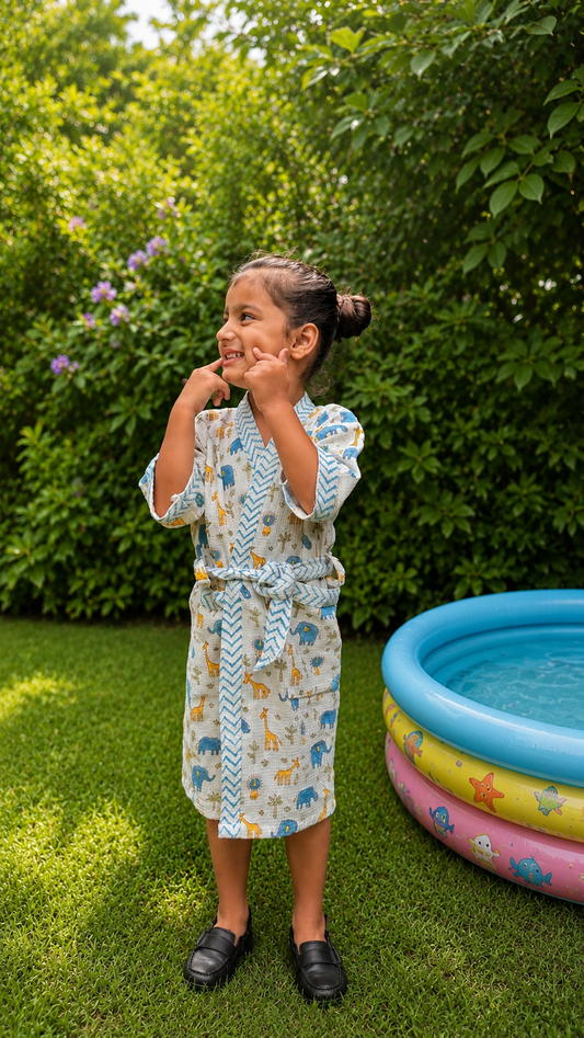 Jungle Giggles - Cotton Block Printed Kids Bathrobe